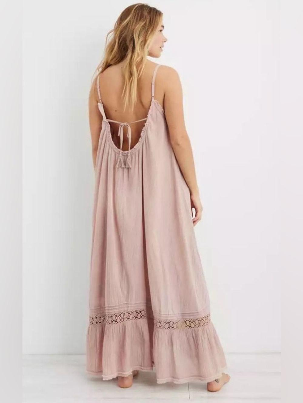 Aerie Dusty Rose CrochetTrim Maxi Dress Size XS 100% Cotton - Picture 3 of 10